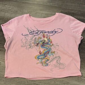 Ed Hardy Pink Dragon Crop Tee with Multicolor Graphic